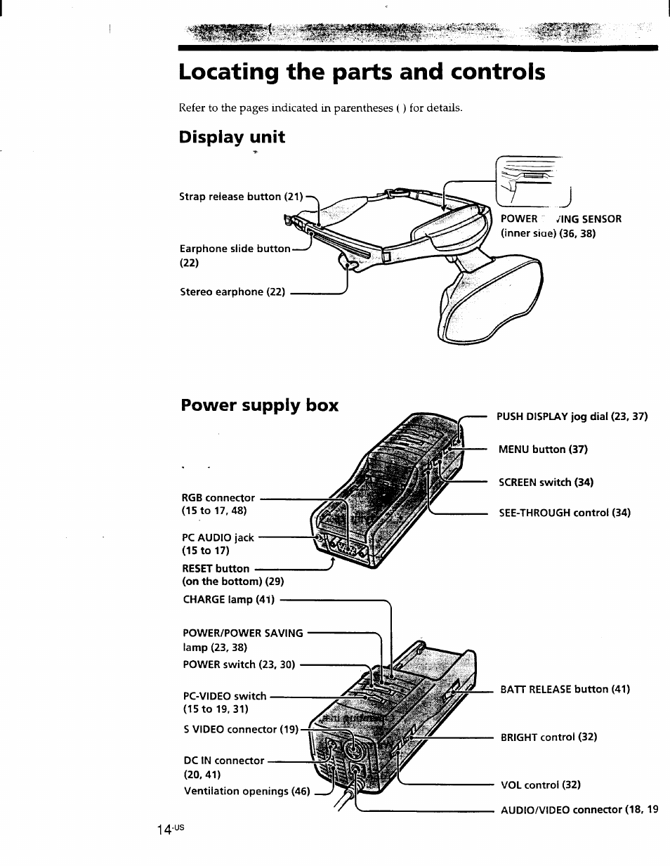 Locating the parts and controls, Display unit | Sony PLM-S700 User Manual | Page 14 / 57