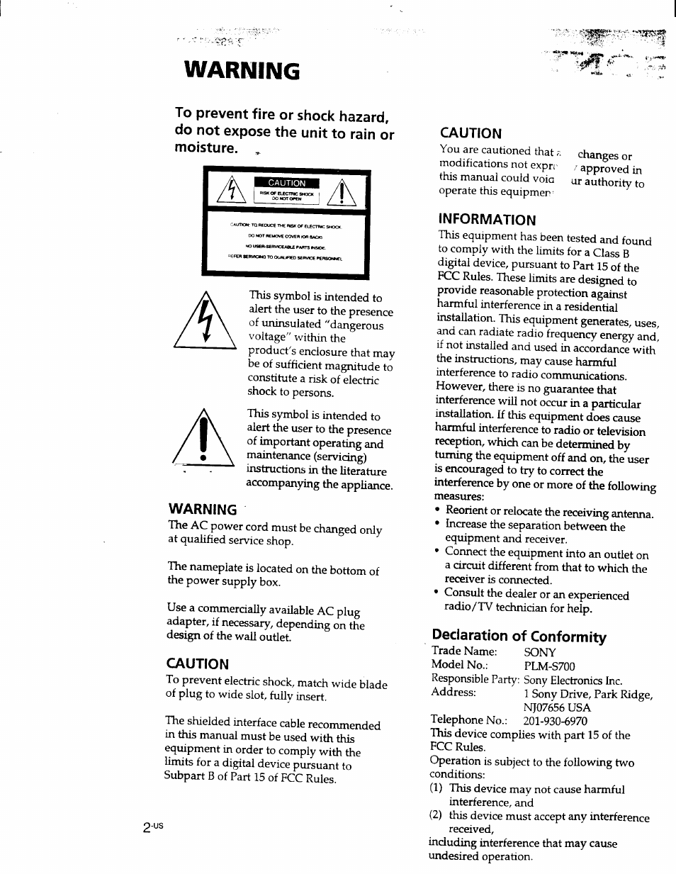 Warning, Caution, Information | Declaration of conformity | Sony PLM-S700 User Manual | Page 2 / 57