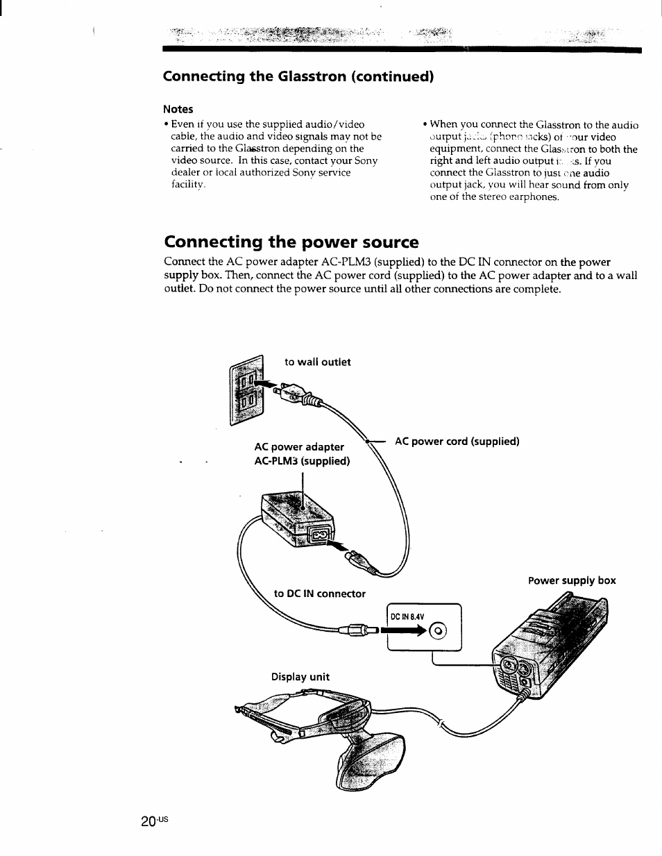 Connecting the power source, Cormecting the power source, Connecting the glasstron (continued) | Sony PLM-S700 User Manual | Page 20 / 57