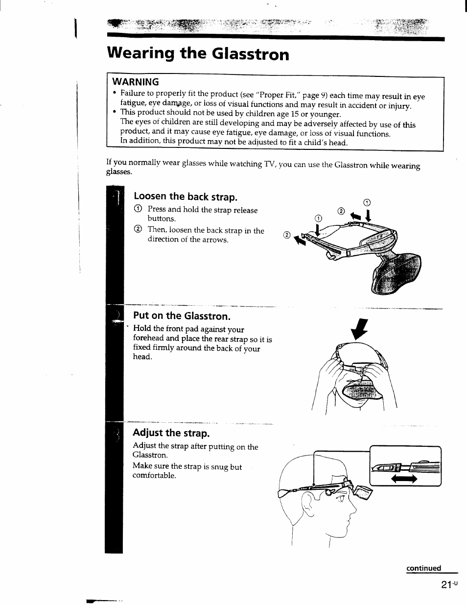 Wearing the glasstron, Warning, Loosen the back strap | Put on the glasstron, Adjust the strap | Sony PLM-S700 User Manual | Page 21 / 57