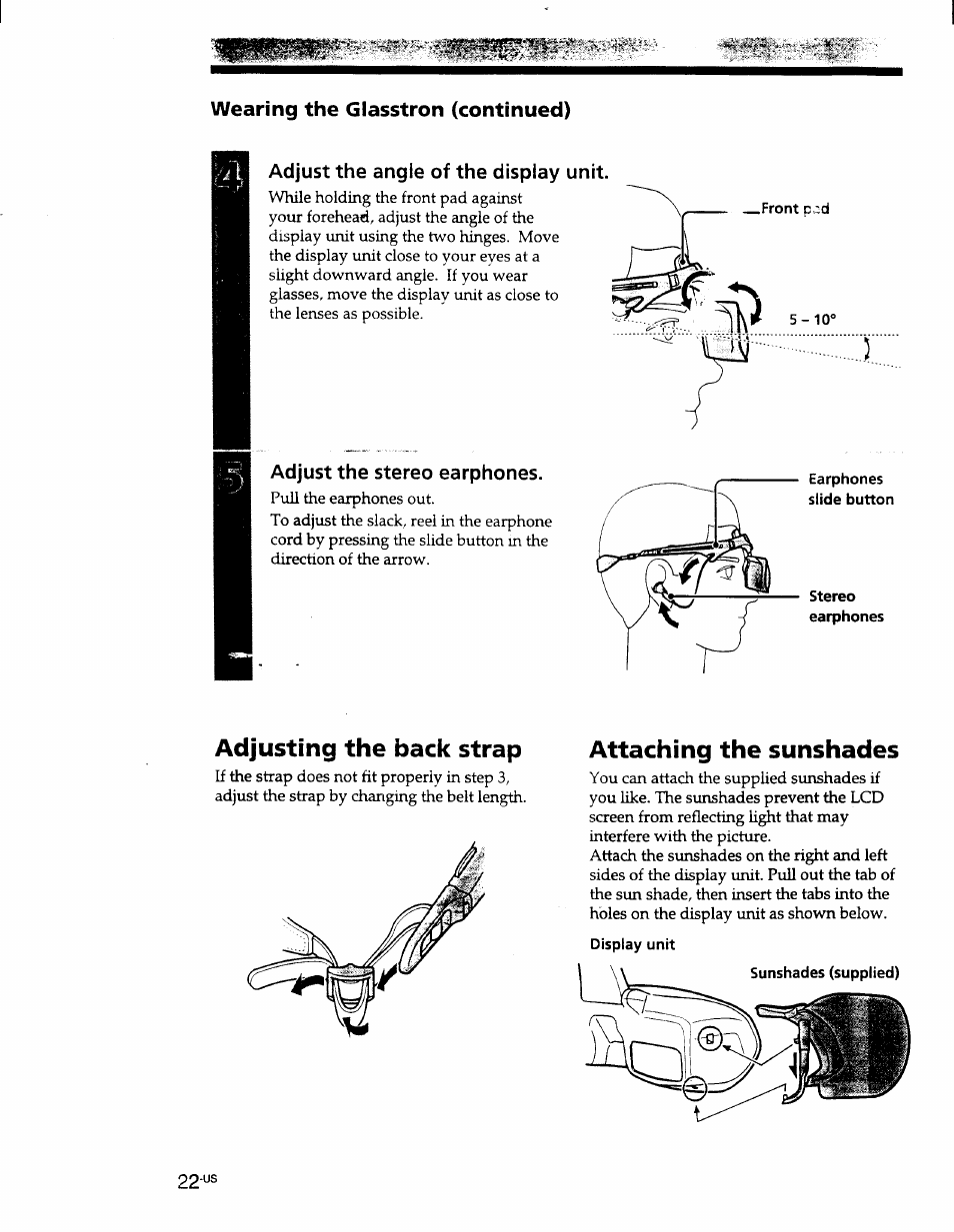 Adjust the angle of the display unit, Adjust the stereo earphones, Adjusting the back strap | Attaching the sunshades | Sony PLM-S700 User Manual | Page 22 / 57