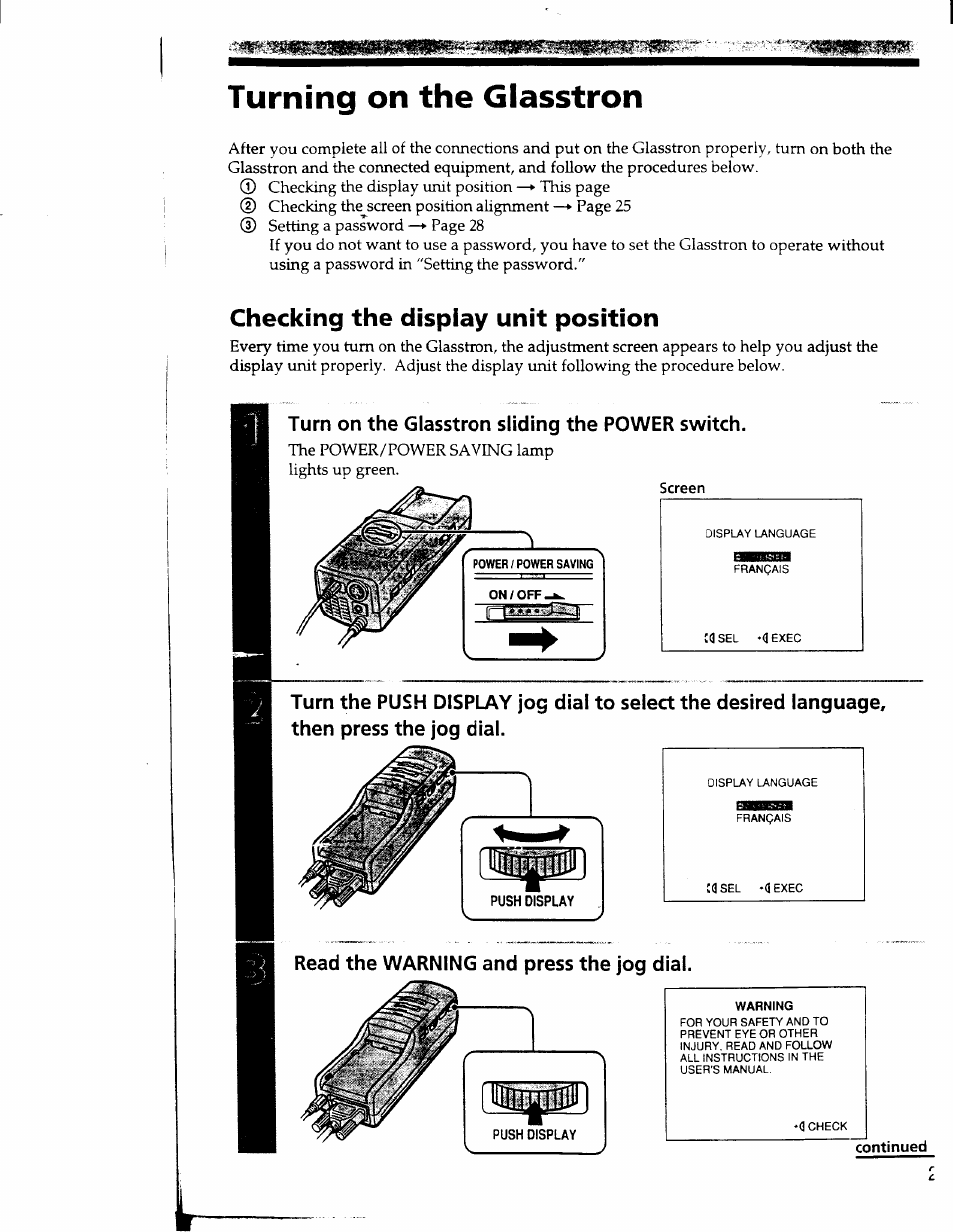 Turning on the glasstron, Checking the display unit position, Turn on the glasstron sliding the power switch | Read the warning and press the jog dial, Checking the display unit position q | Sony PLM-S700 User Manual | Page 23 / 57