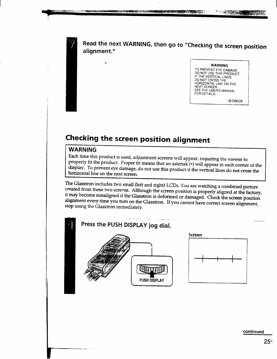 Checking the screen position alignment, Warning, Press the push display jog dial | Sony PLM-S700 User Manual | Page 25 / 57