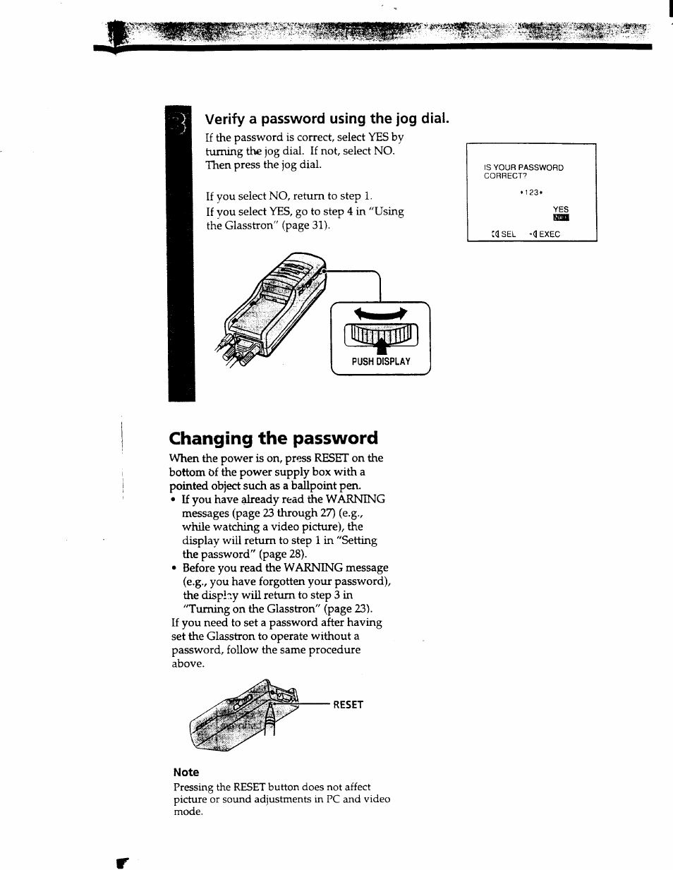 Verify a password using the jog dial, Changing the password | Sony PLM-S700 User Manual | Page 29 / 57