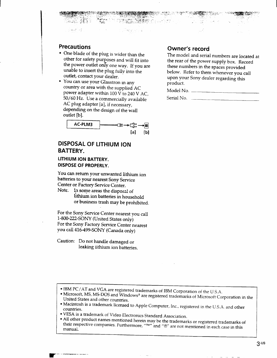 Precautions, Owner's record, Disposal of lithium ion battery | Sony PLM-S700 User Manual | Page 3 / 57