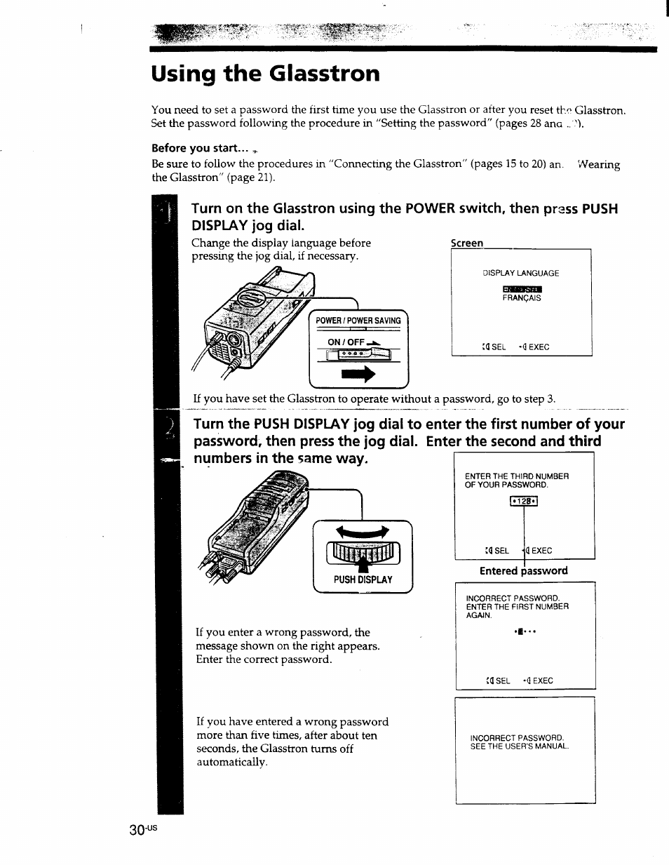 Using the glasstron | Sony PLM-S700 User Manual | Page 30 / 57