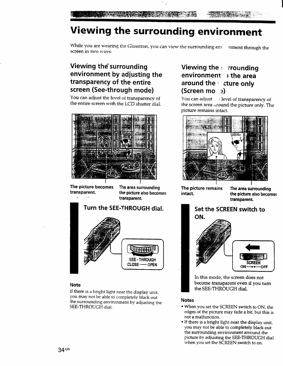 Viewing the surrounding environment, Turn the see-through dial, Set the screen switch to on | Sony PLM-S700 User Manual | Page 34 / 57