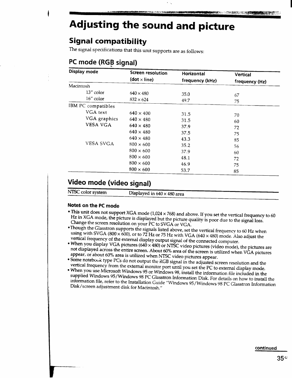Adjusting the sound and picture, Signal compatibility, Pc mode (rgb signal) | Video mode (video signal) | Sony PLM-S700 User Manual | Page 35 / 57