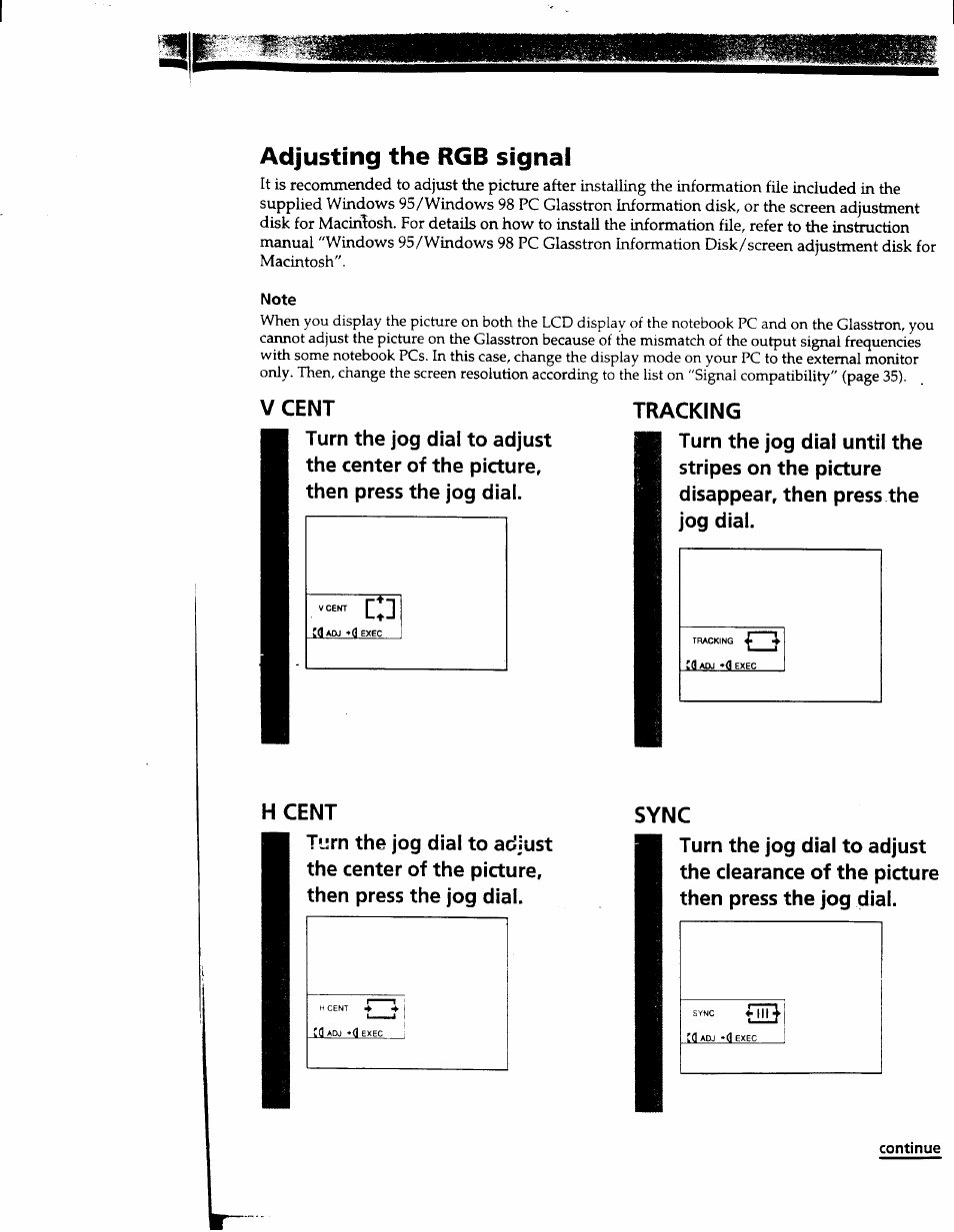 Adjusting the rgb signal, Vcent, Tracking | Hcent, Sync | Sony PLM-S700 User Manual | Page 39 / 57