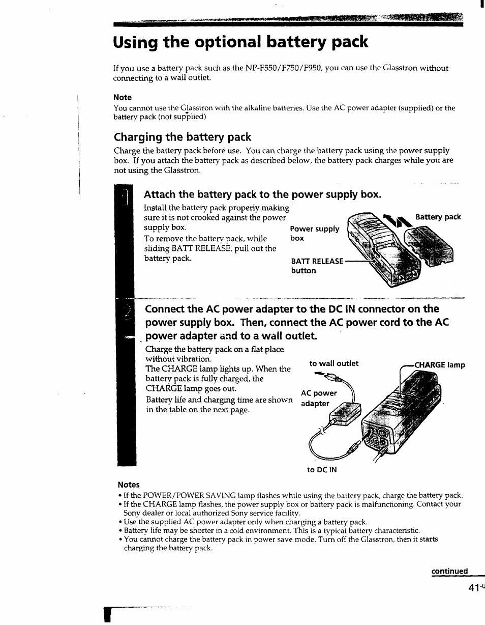 Using the optional battery pack, Charging the battery pack, Attach the battery pack to the power supply box | Sony PLM-S700 User Manual | Page 41 / 57