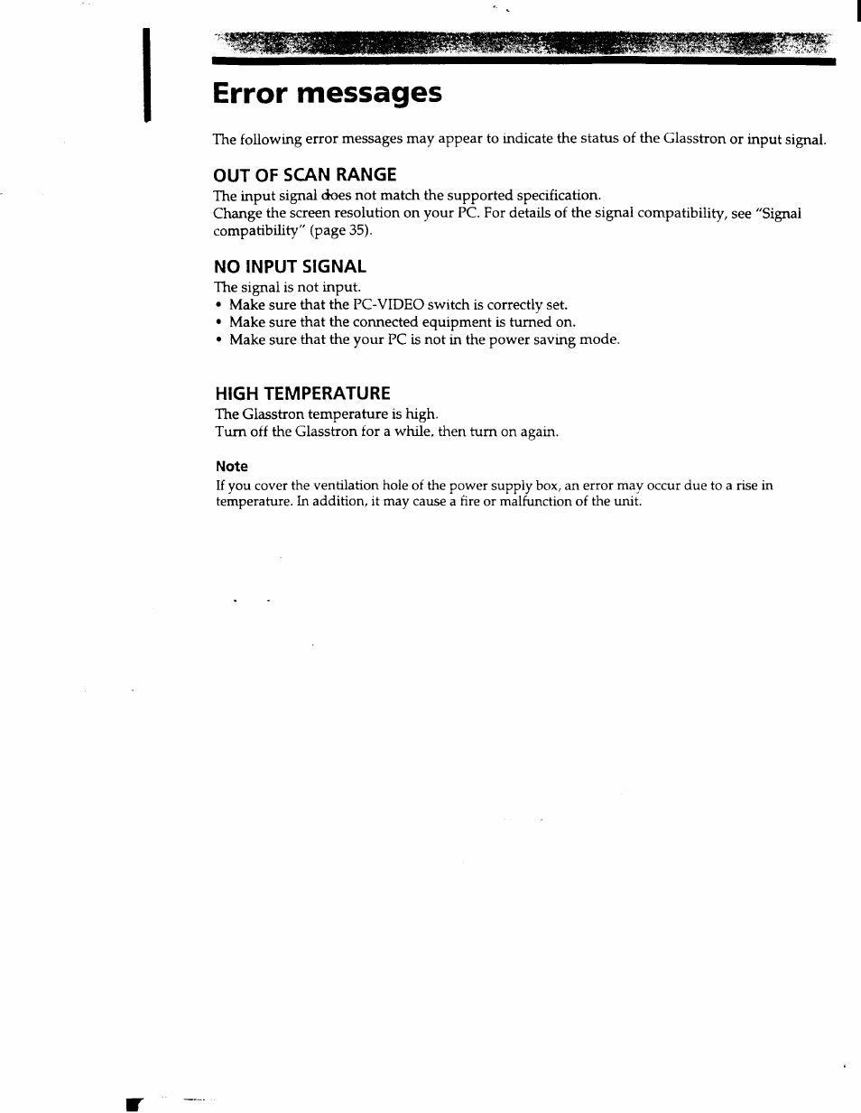 Error messages, Out of scan range, No input signal | High temperature | Sony PLM-S700 User Manual | Page 45 / 57