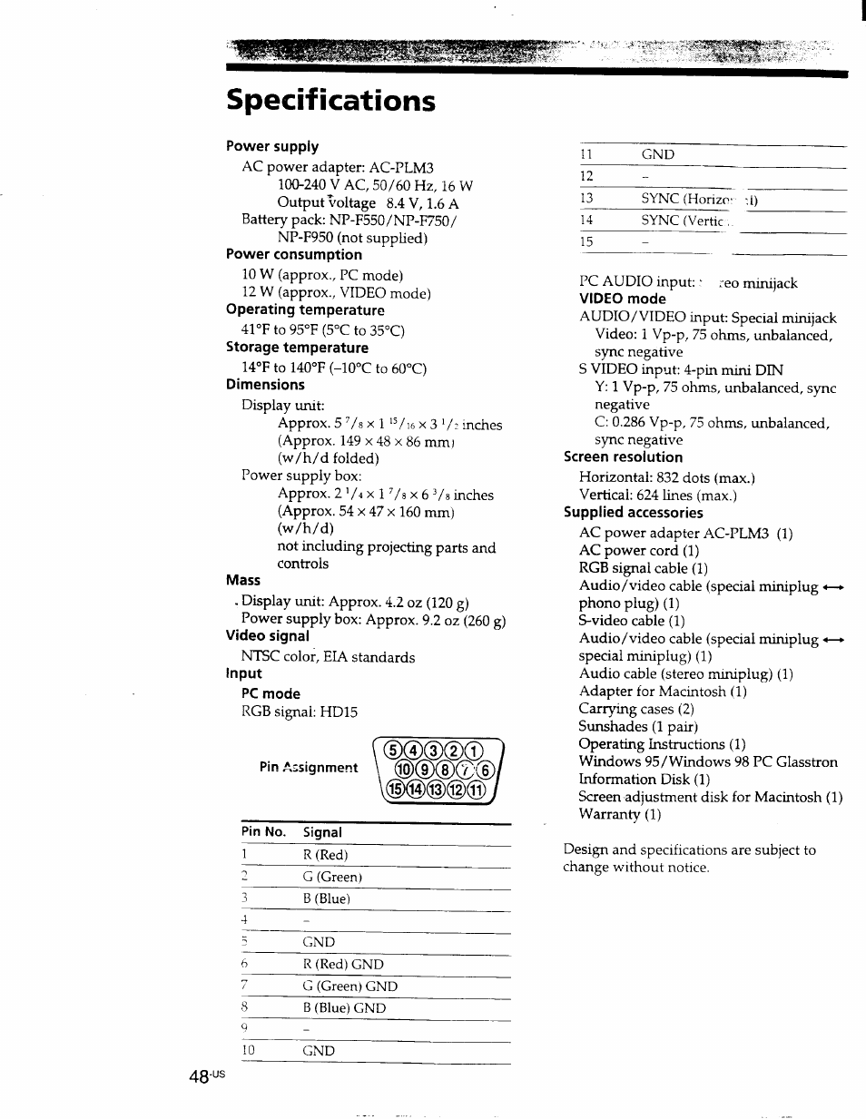 Specifications | Sony PLM-S700 User Manual | Page 48 / 57