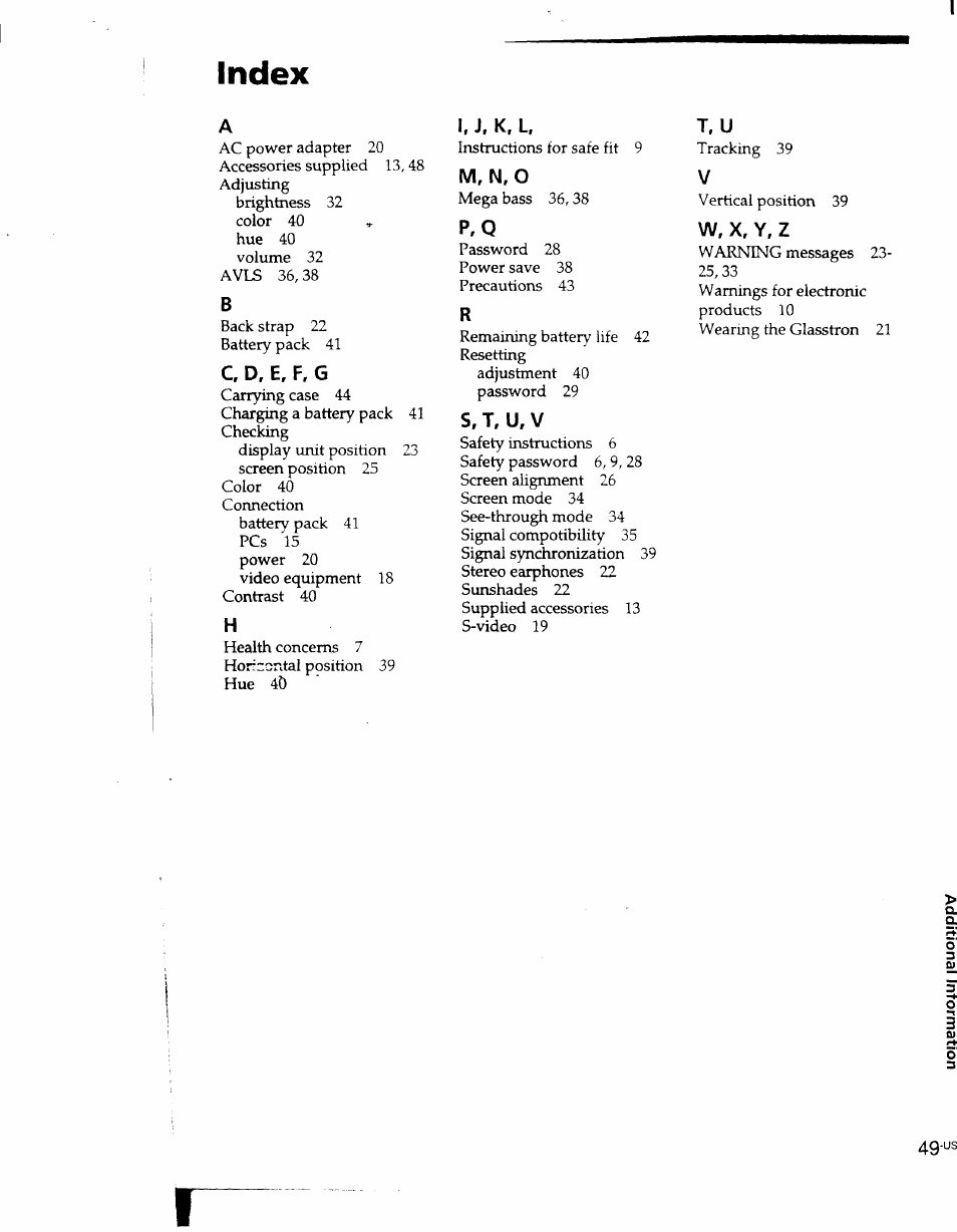 Index | Sony PLM-S700 User Manual | Page 49 / 57