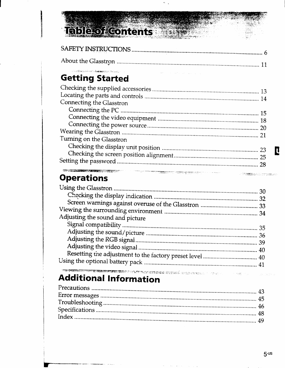 Getting started, Operations, Additional information | Sony PLM-S700 User Manual | Page 5 / 57