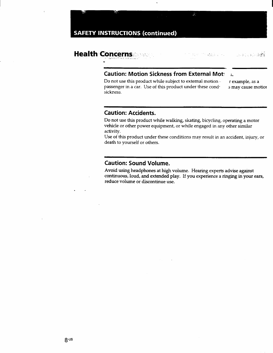 Health concerns, Caution: motion sickness from external mot! i, Caution: accidents | Caution: sound volume, Safety instructions (continued), Caution: motion sickness from external mot | Sony PLM-S700 User Manual | Page 8 / 57