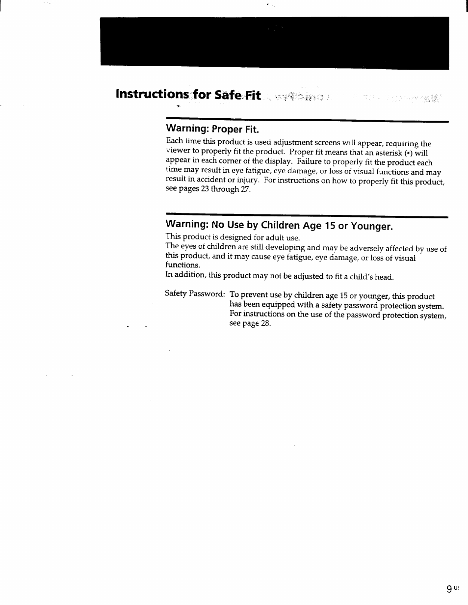 Warning: proper fit, Warning: no use by children age 15 or younger, Instructions for sáfe fit | Sony PLM-S700 User Manual | Page 9 / 57