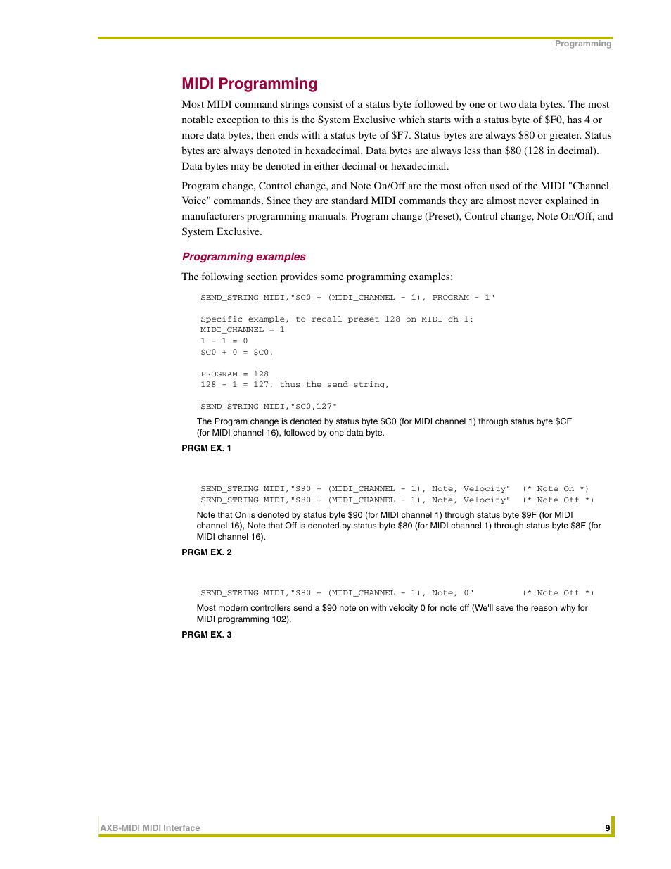 Midi programming, Programming examples | AMX AXB-MIDI User Manual | Page 13 / 20