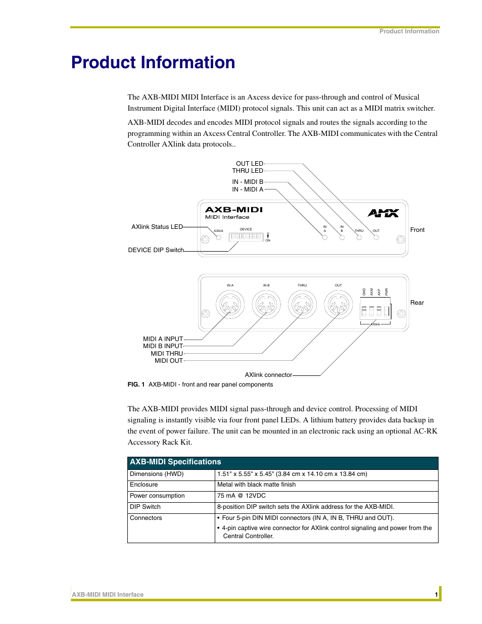 Product information, Axb-midi specifications | AMX AXB-MIDI User Manual | Page 5 / 20