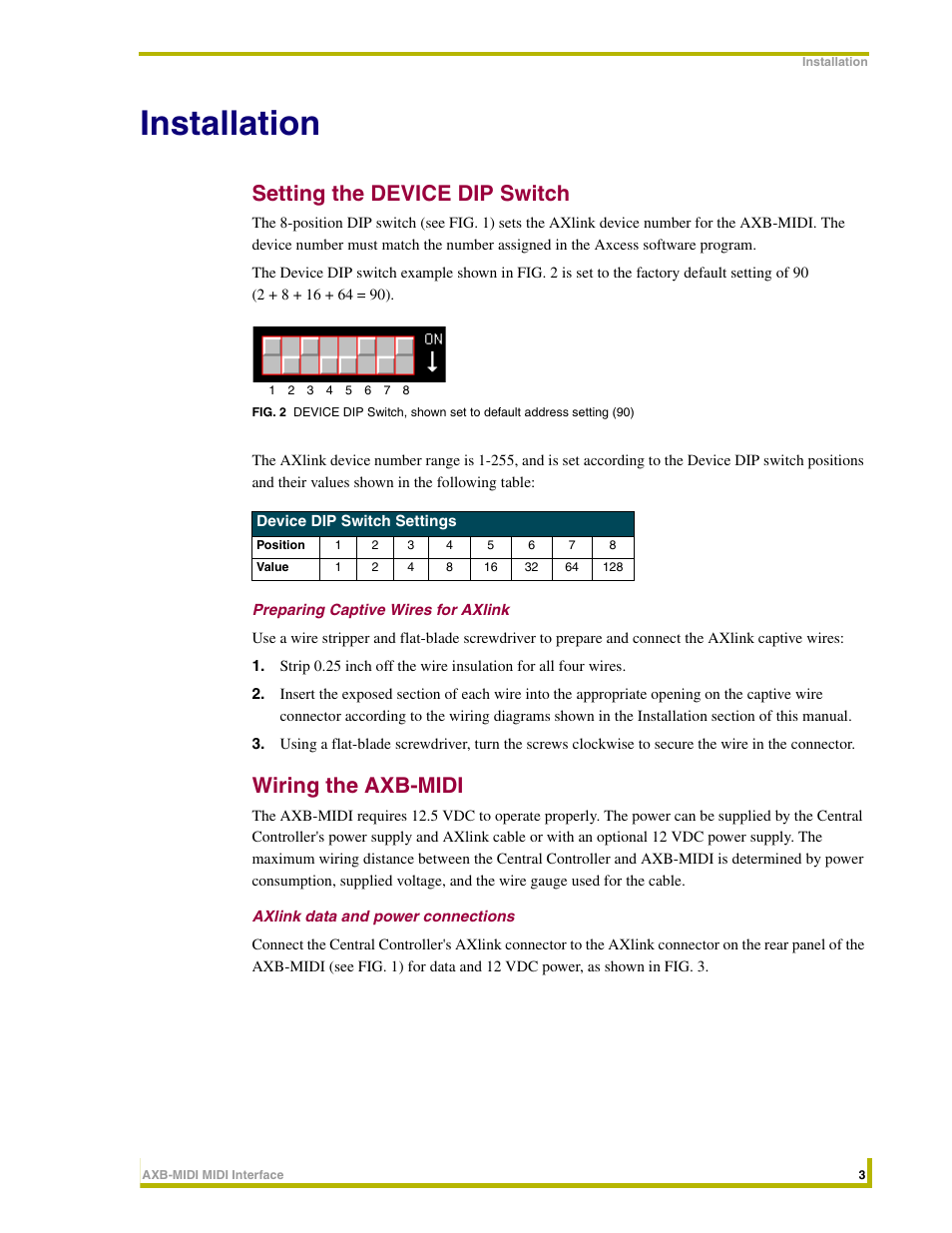 Installation, Setting the device dip switch, Preparing captive wires for axlink | Wiring the axb-midi, Axlink data and power connections | AMX AXB-MIDI User Manual | Page 7 / 20