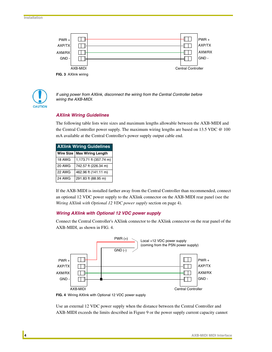 Axlink wiring guidelines, Wiring axlink with optional 12 vdc power supply | AMX AXB-MIDI User Manual | Page 8 / 20