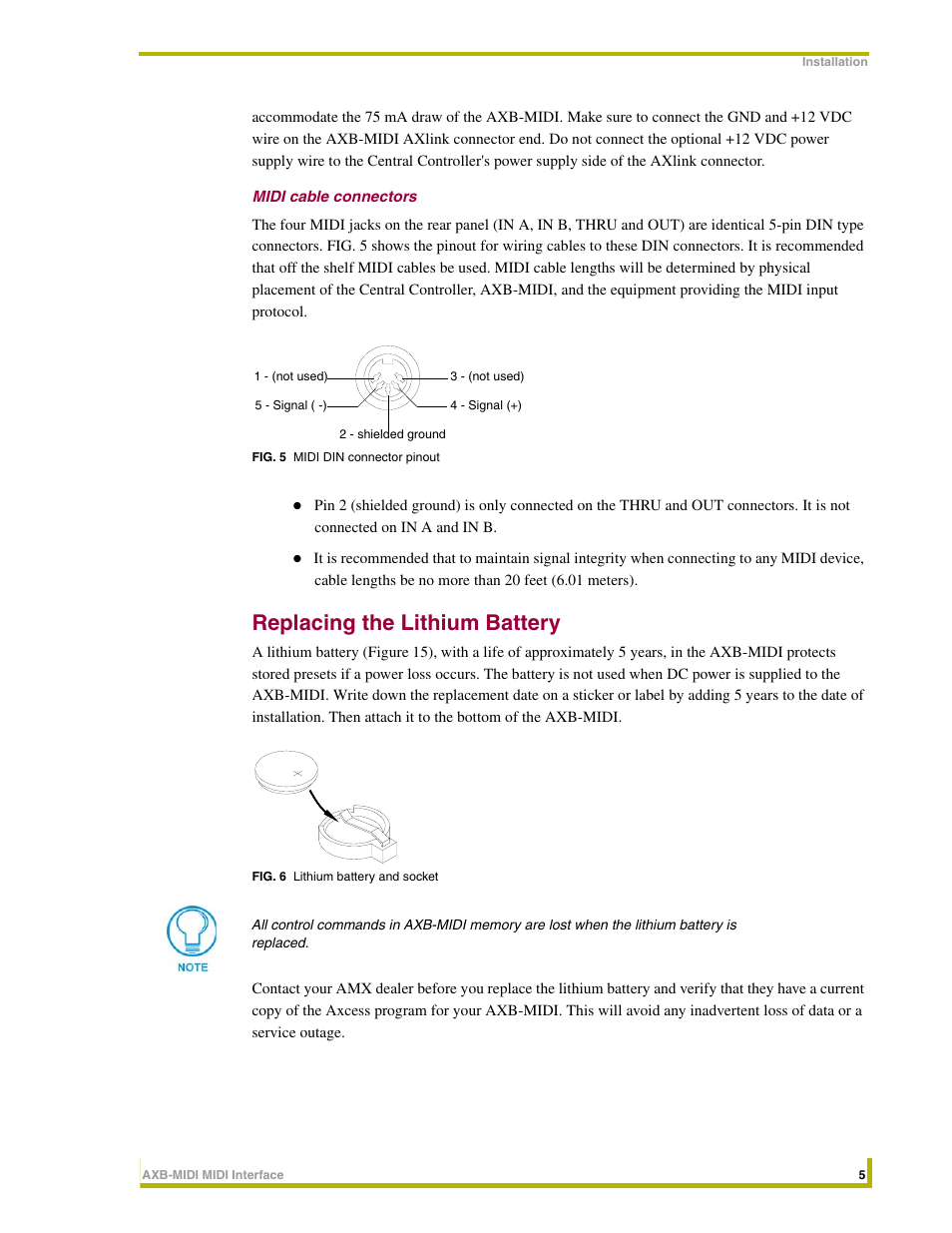 Midi cable connectors, Replacing the lithium battery | AMX AXB-MIDI User Manual | Page 9 / 20