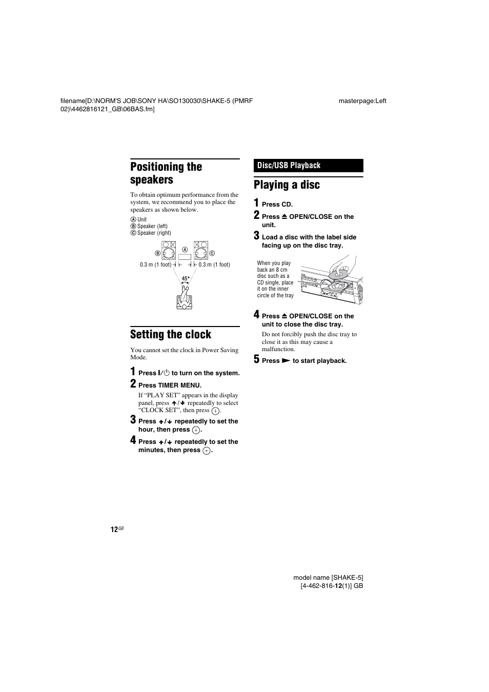 Positioning the speakers, Setting the clock, Disc/usb playback | Playing a disc, Playing a disc 1 | Sony SHAKE5 User Manual | Page 12 / 40