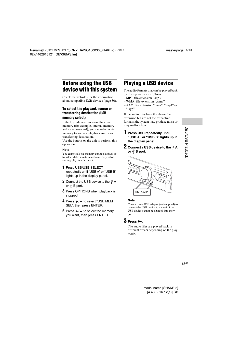 Before using the usb device with this system, Playing a usb device | Sony SHAKE5 User Manual | Page 13 / 40