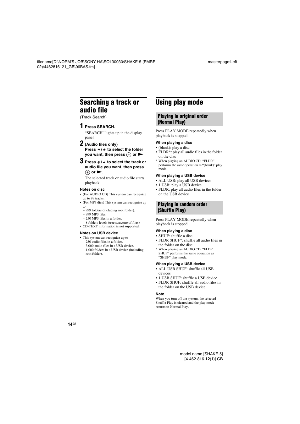 Searching a track or audio file (track search), Using play mode, Searching a track or audio file | Sony SHAKE5 User Manual | Page 14 / 40