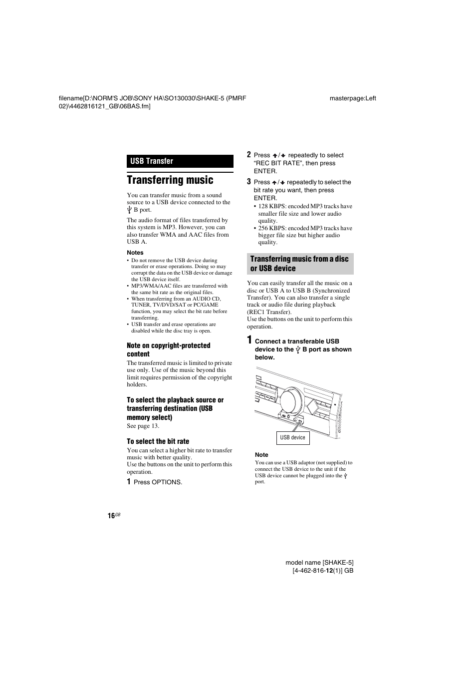 Usb transfer, Transferring music | Sony SHAKE5 User Manual | Page 16 / 40