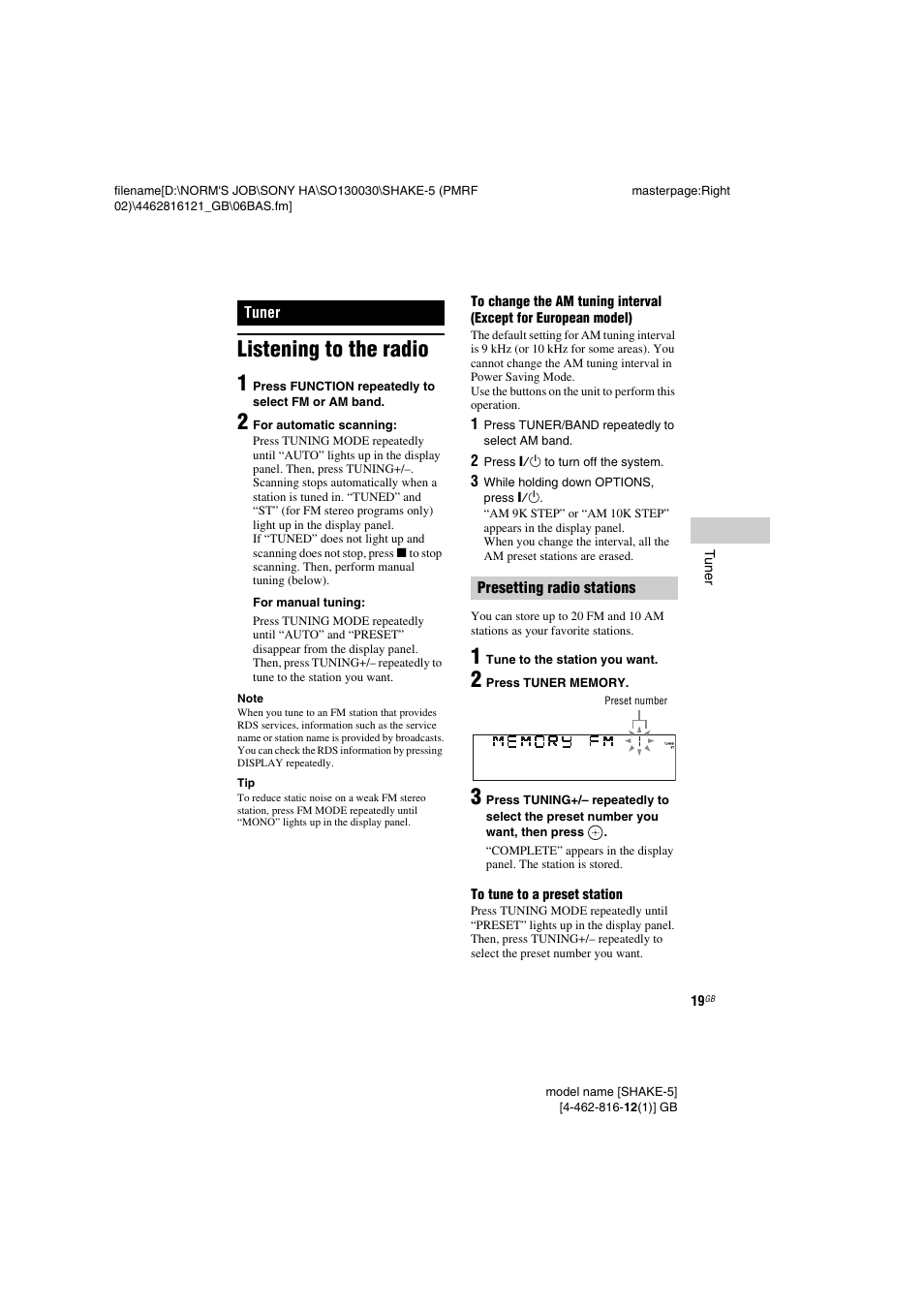 Tuner, Listening to the radio, Listening to the radio 1 | Sony SHAKE5 User Manual | Page 19 / 40