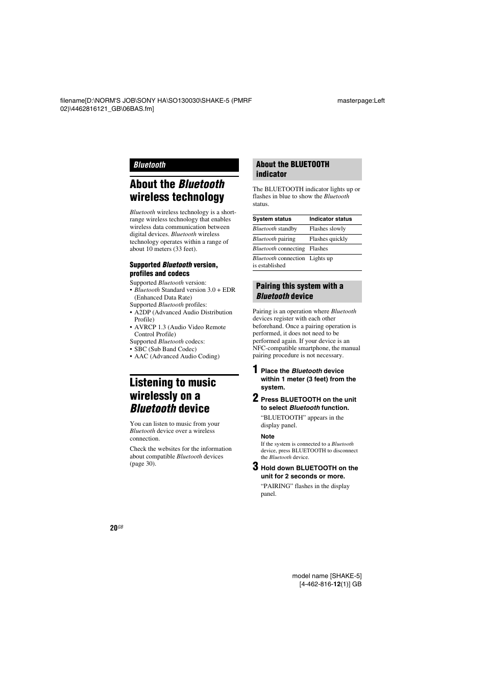 Bluetooth, About the bluetooth wireless technology | Sony SHAKE5 User Manual | Page 20 / 40