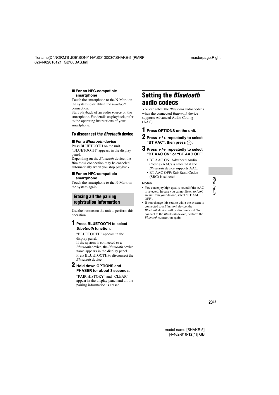 Setting the bluetooth audio codecs | Sony SHAKE5 User Manual | Page 23 / 40
