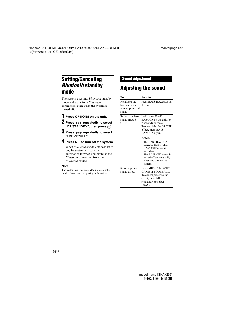 Setting/canceling bluetooth standby mode, Sound adjustment, Adjusting the sound | Sony SHAKE5 User Manual | Page 24 / 40