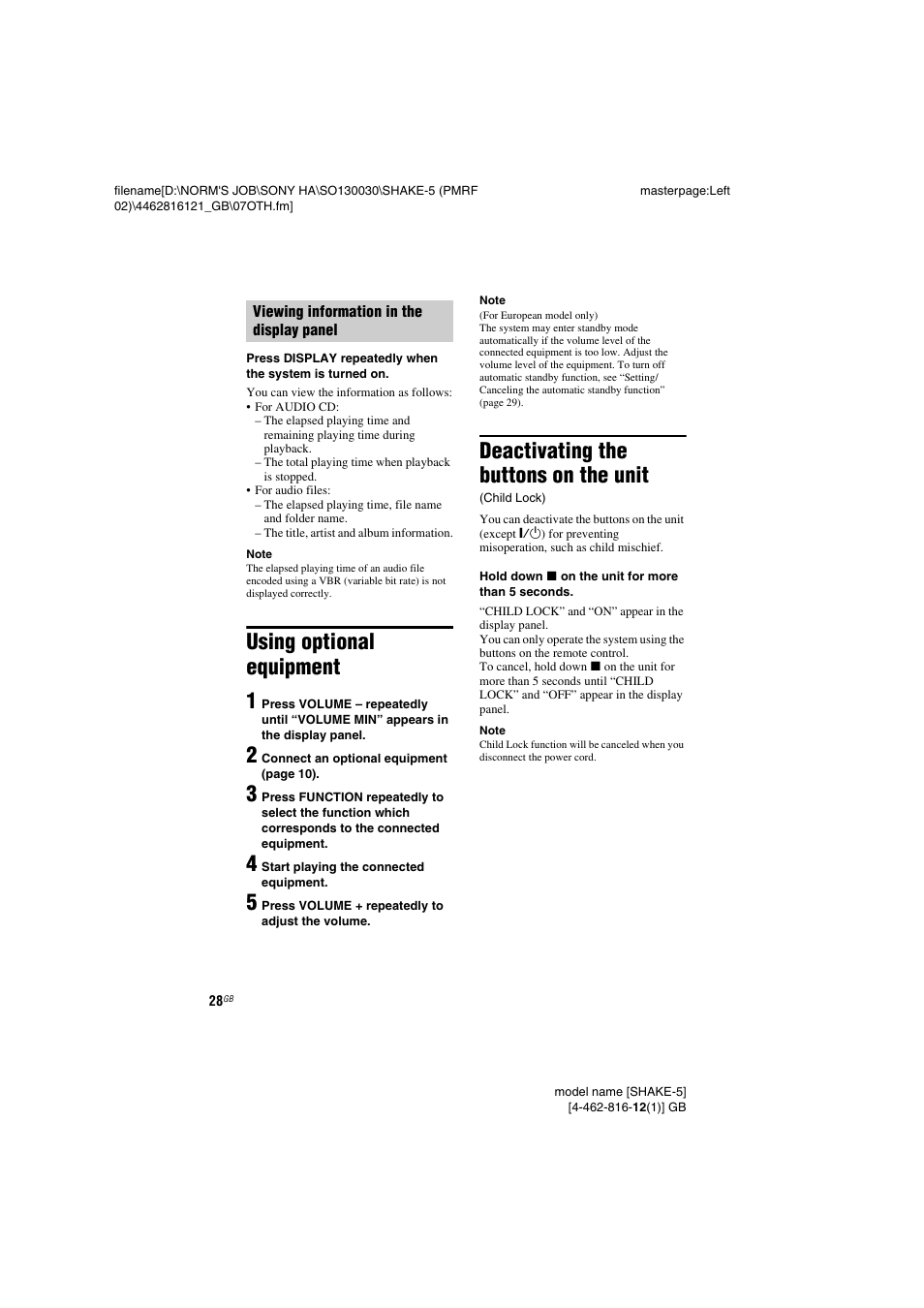 Using optional equipment, Deactivating the buttons on the unit (child lock), Using optional equipment 1 | Deactivating the buttons on the unit | Sony SHAKE5 User Manual | Page 28 / 40
