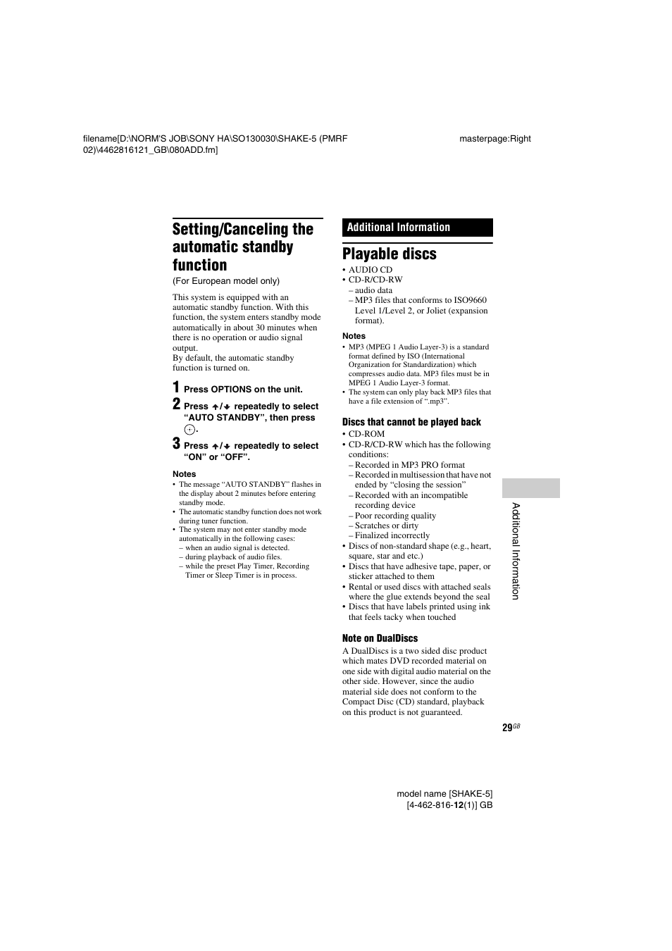 Additional information, Playable discs, Setting/canceling the automatic standby function | Sony SHAKE5 User Manual | Page 29 / 40