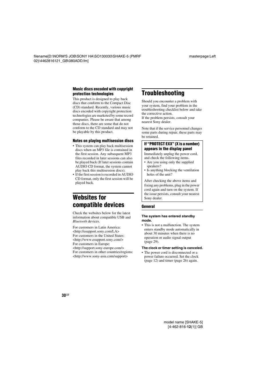 Websites for compatible devices, Troubleshooting | Sony SHAKE5 User Manual | Page 30 / 40