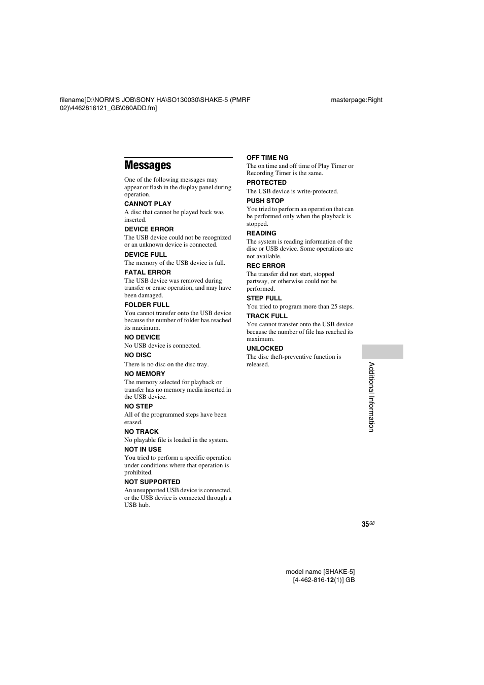 Messages | Sony SHAKE5 User Manual | Page 35 / 40