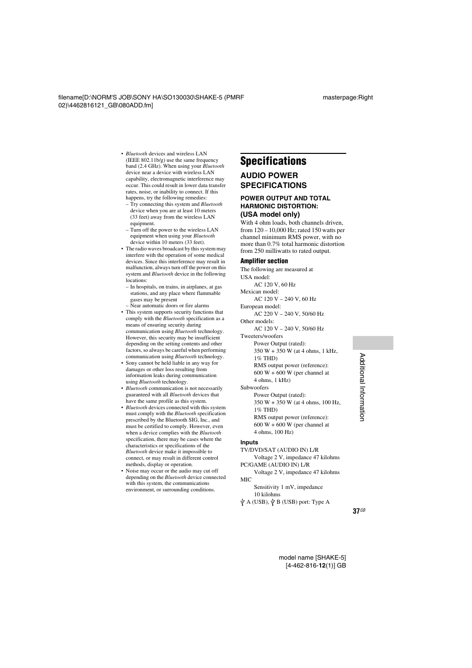 Specifications | Sony SHAKE5 User Manual | Page 37 / 40