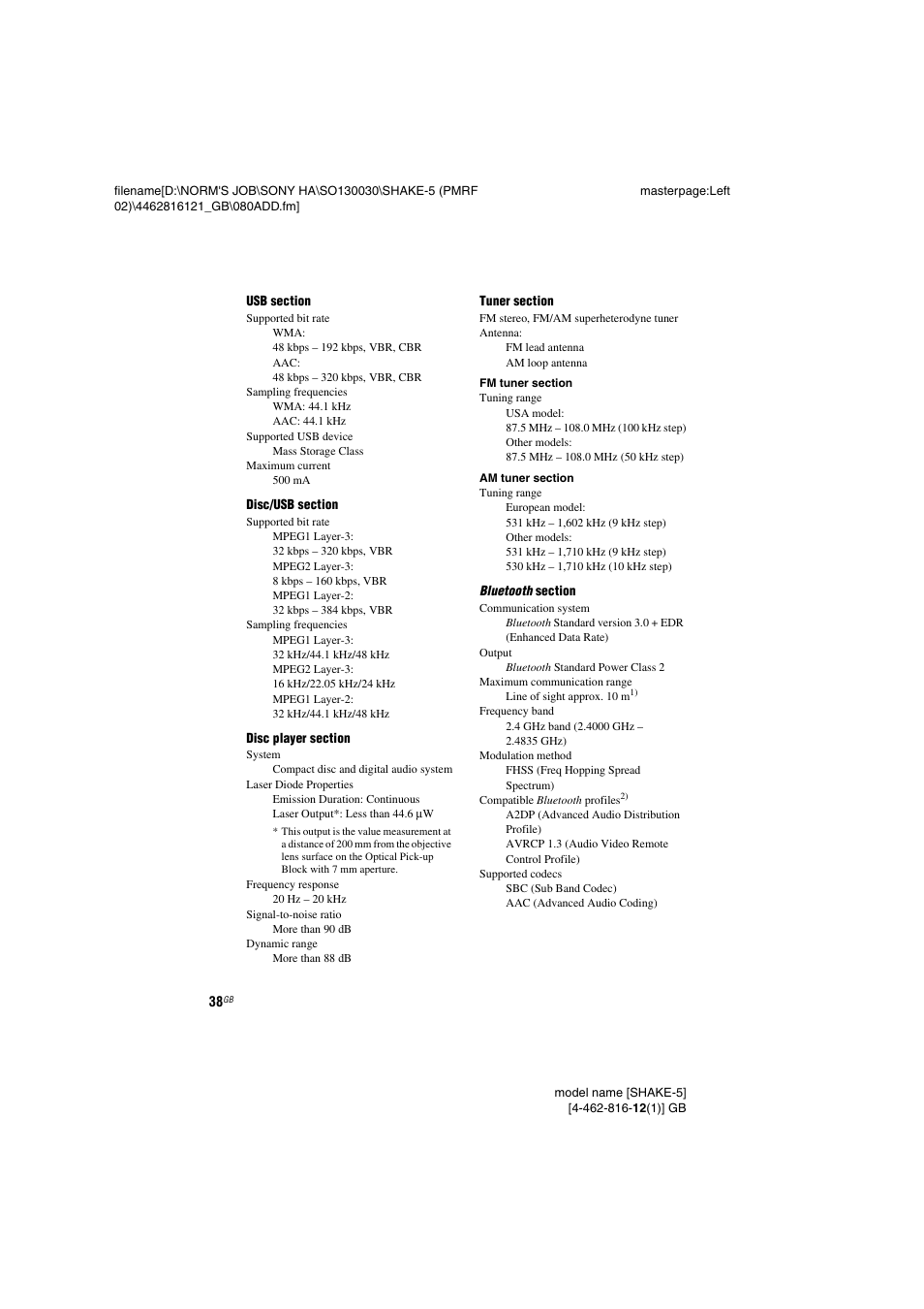 Sony SHAKE5 User Manual | Page 38 / 40