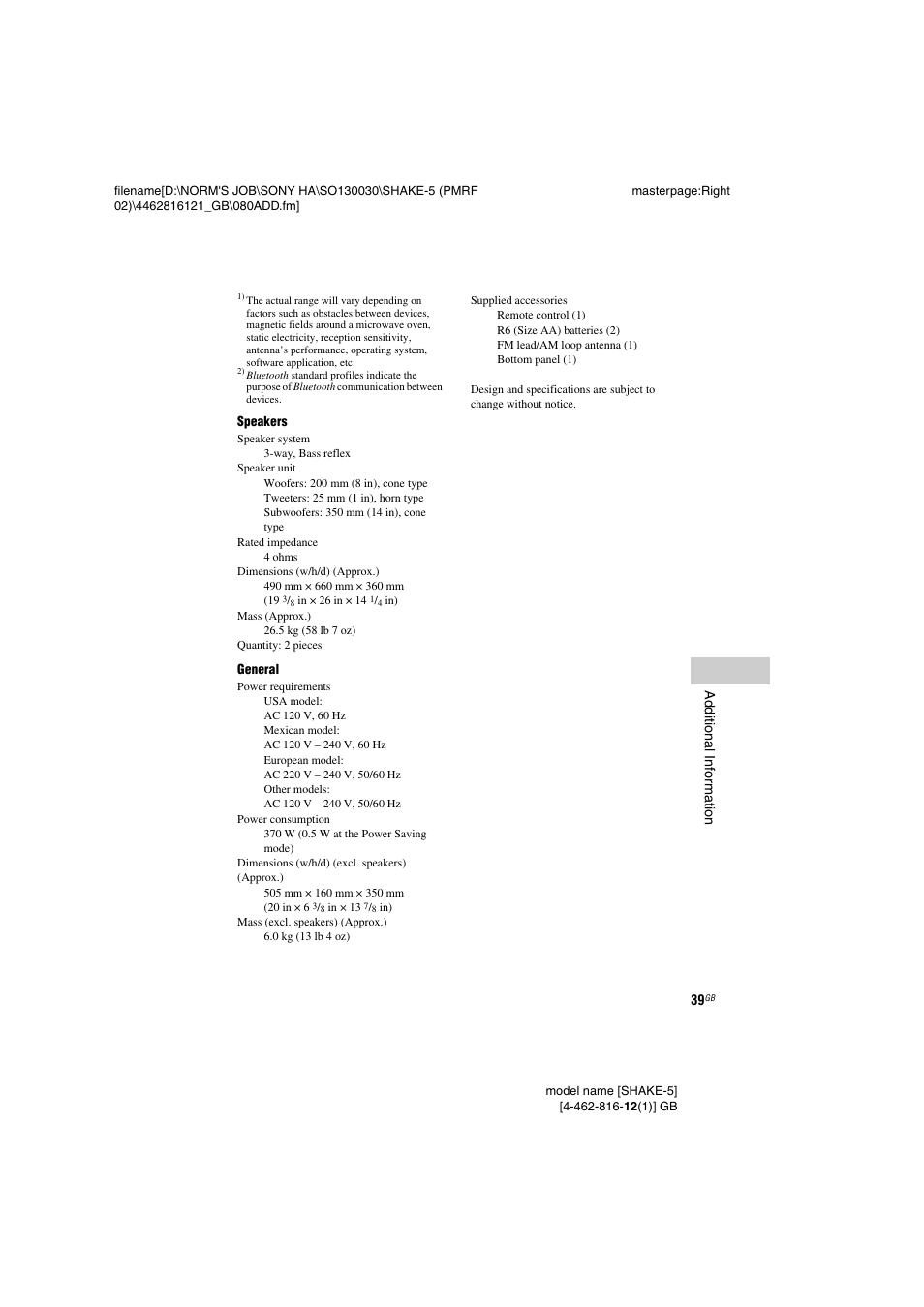 Sony SHAKE5 User Manual | Page 39 / 40