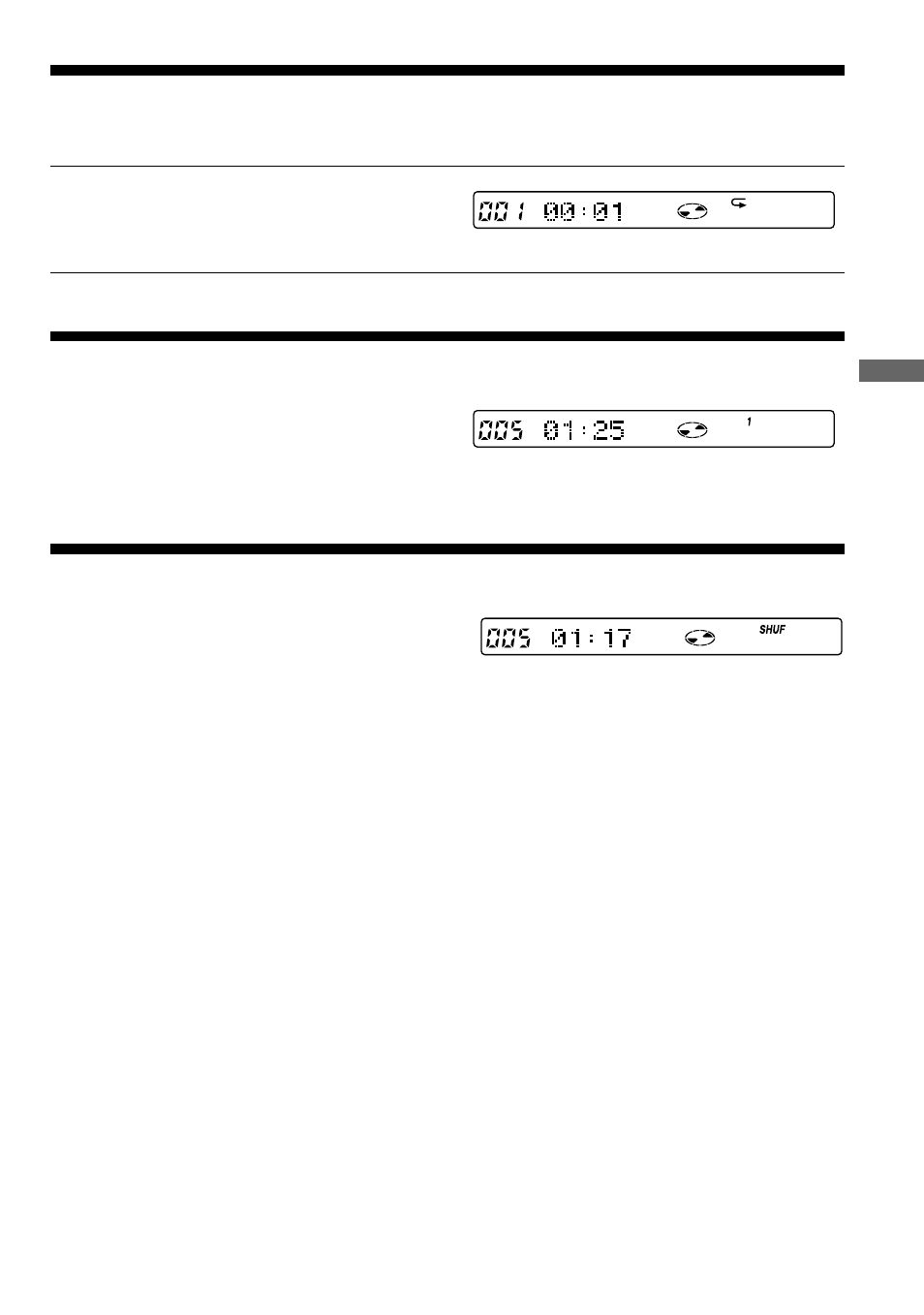 Playing tracks repeatedly (repeat play), Playing a single track (single play), Playing tracks in random order (shuffle play) | Playing tracks repeatedly, Playing a single track, Playing tracks in random order | Sony D-EJ1000 User Manual | Page 11 / 32