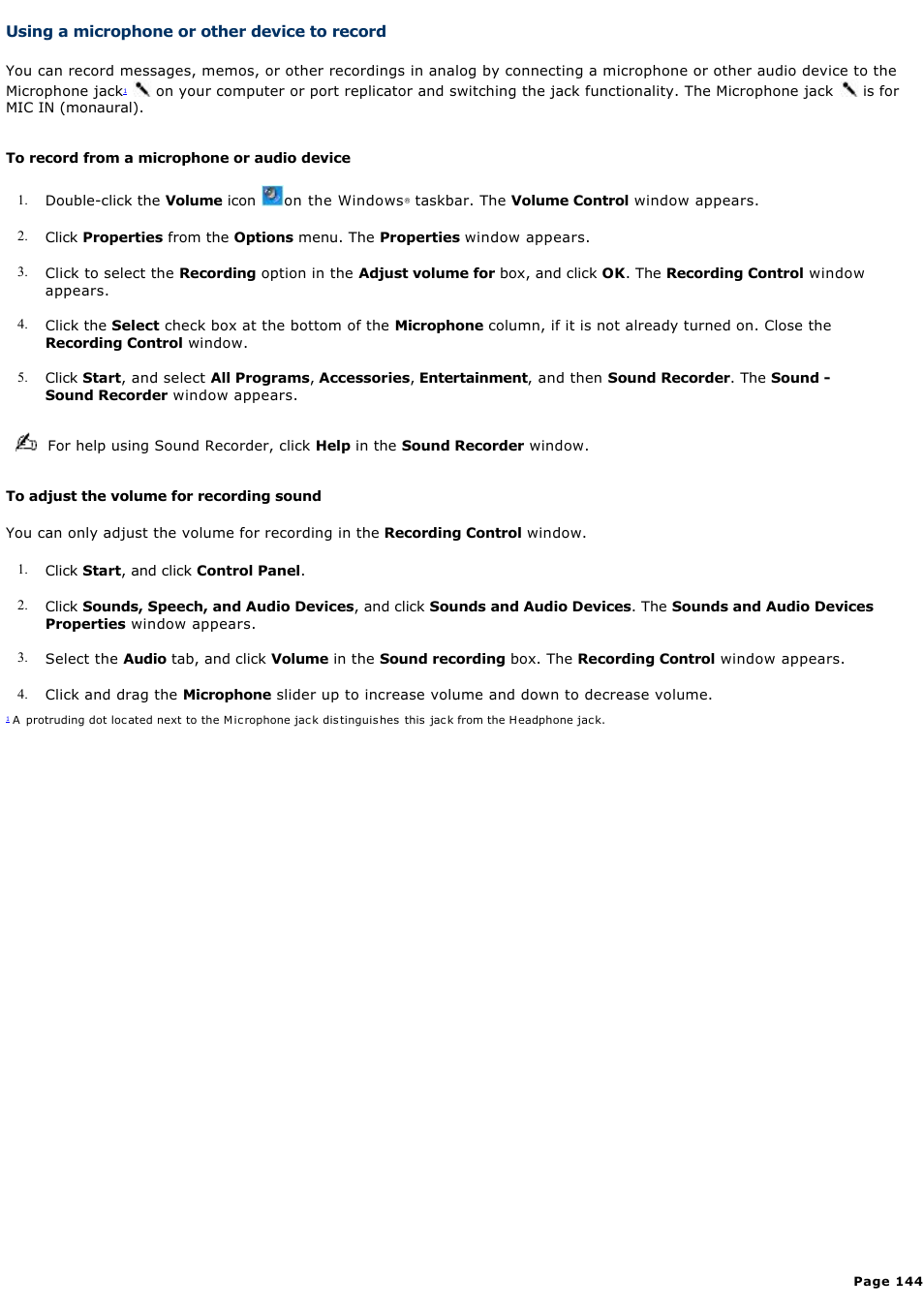 Using a microphone or other device to record | Sony PCG-GRX690P User Manual | Page 144 / 194