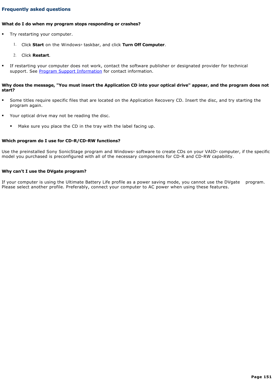 Frequently asked questions | Sony PCG-GRX690P User Manual | Page 151 / 194