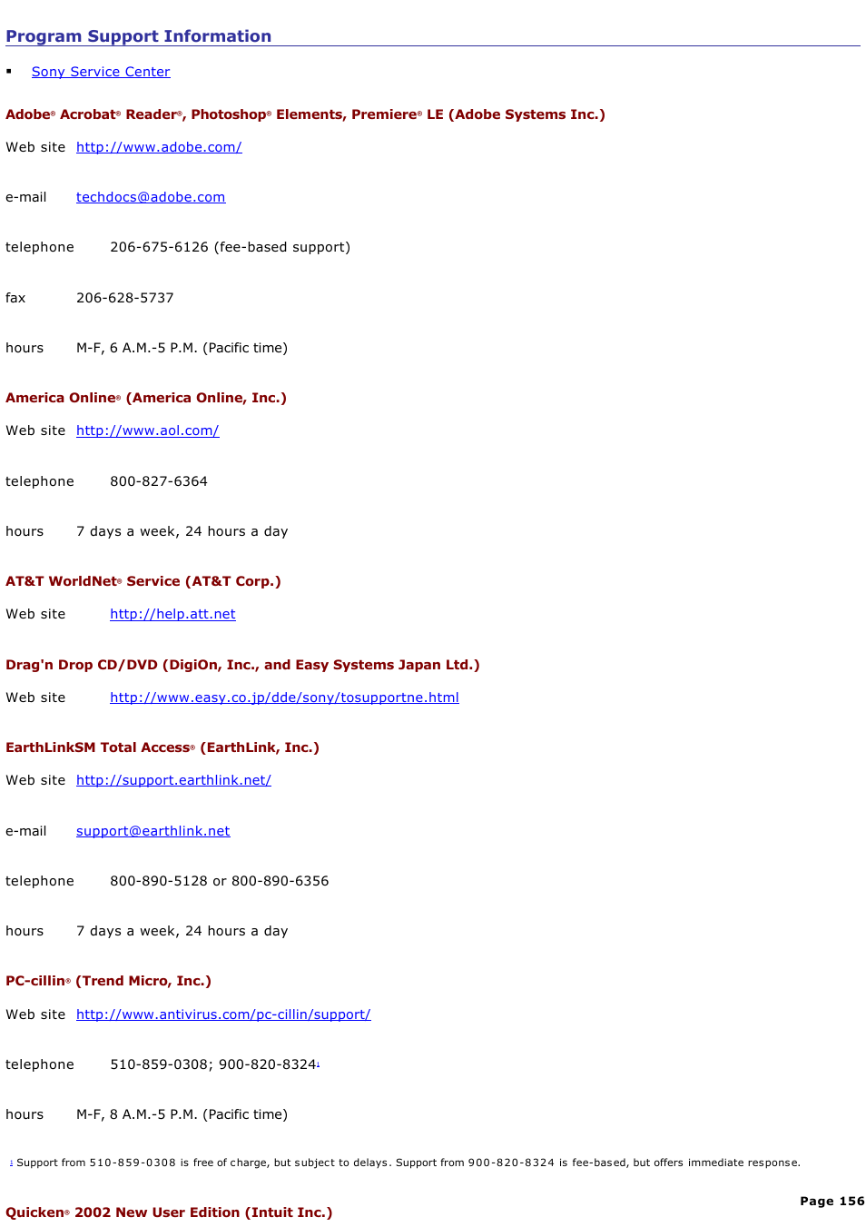 Program support information | Sony PCG-GRX690P User Manual | Page 156 / 194
