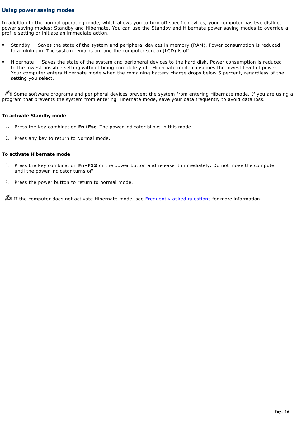 Using power saving modes | Sony PCG-GRX690P User Manual | Page 16 / 194