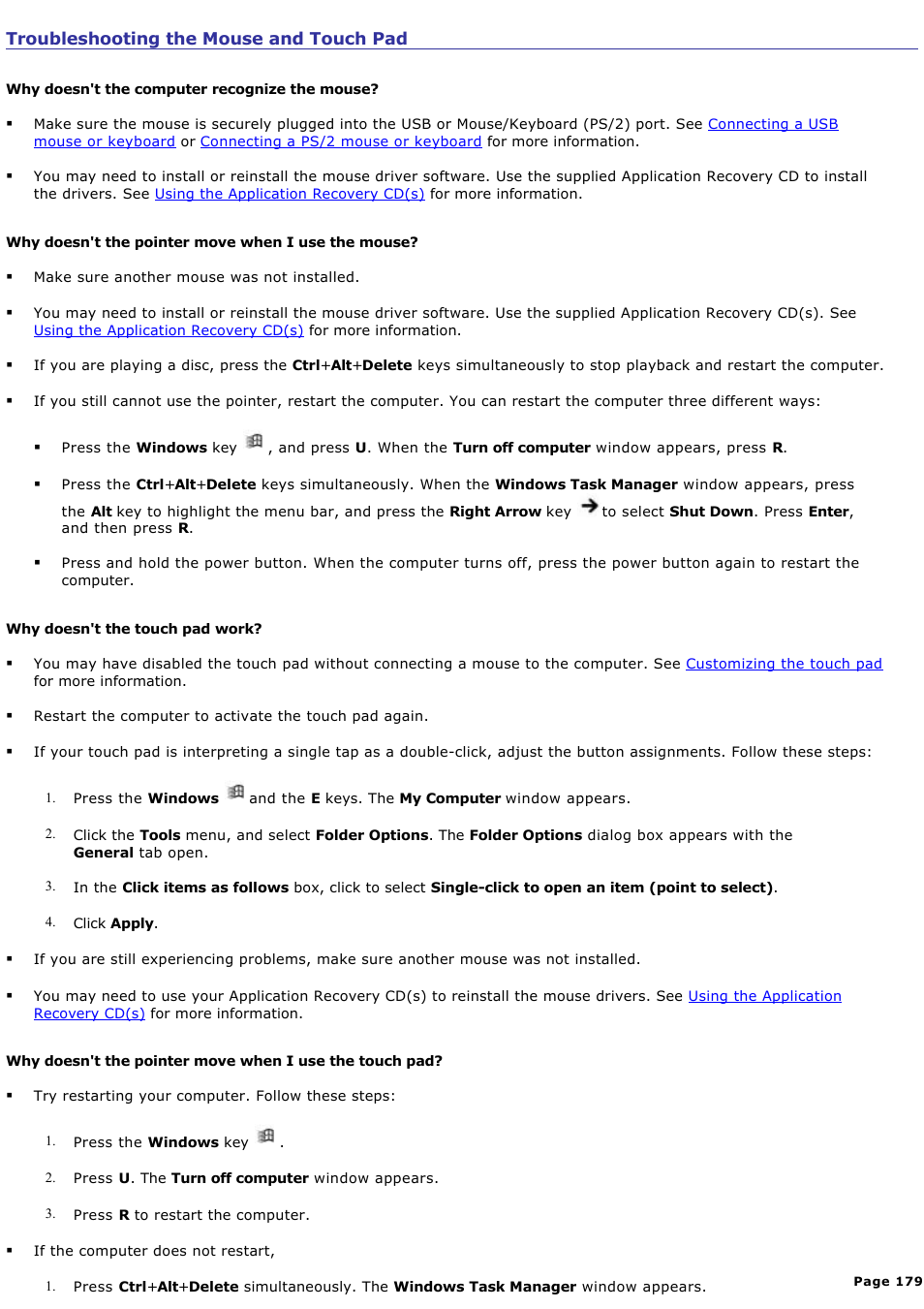 Troubleshooting the mouse and touch pad | Sony PCG-GRX690P User Manual | Page 179 / 194