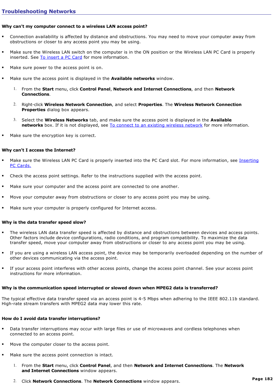 Troubleshooting networks | Sony PCG-GRX690P User Manual | Page 182 / 194