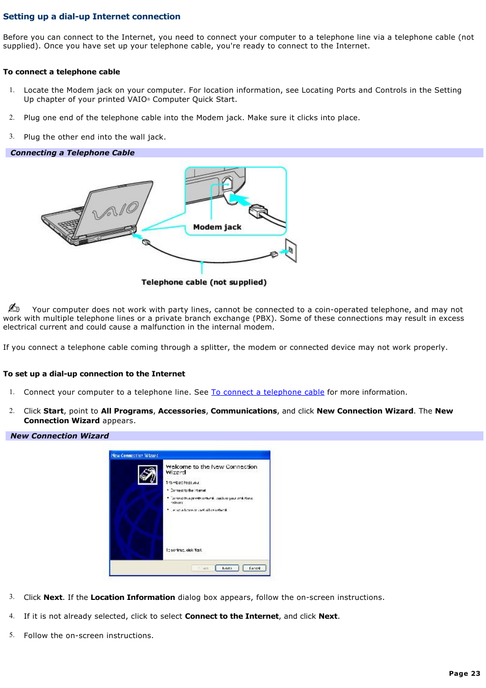 Setting up a dial-up internet connection | Sony PCG-GRX690P User Manual | Page 23 / 194