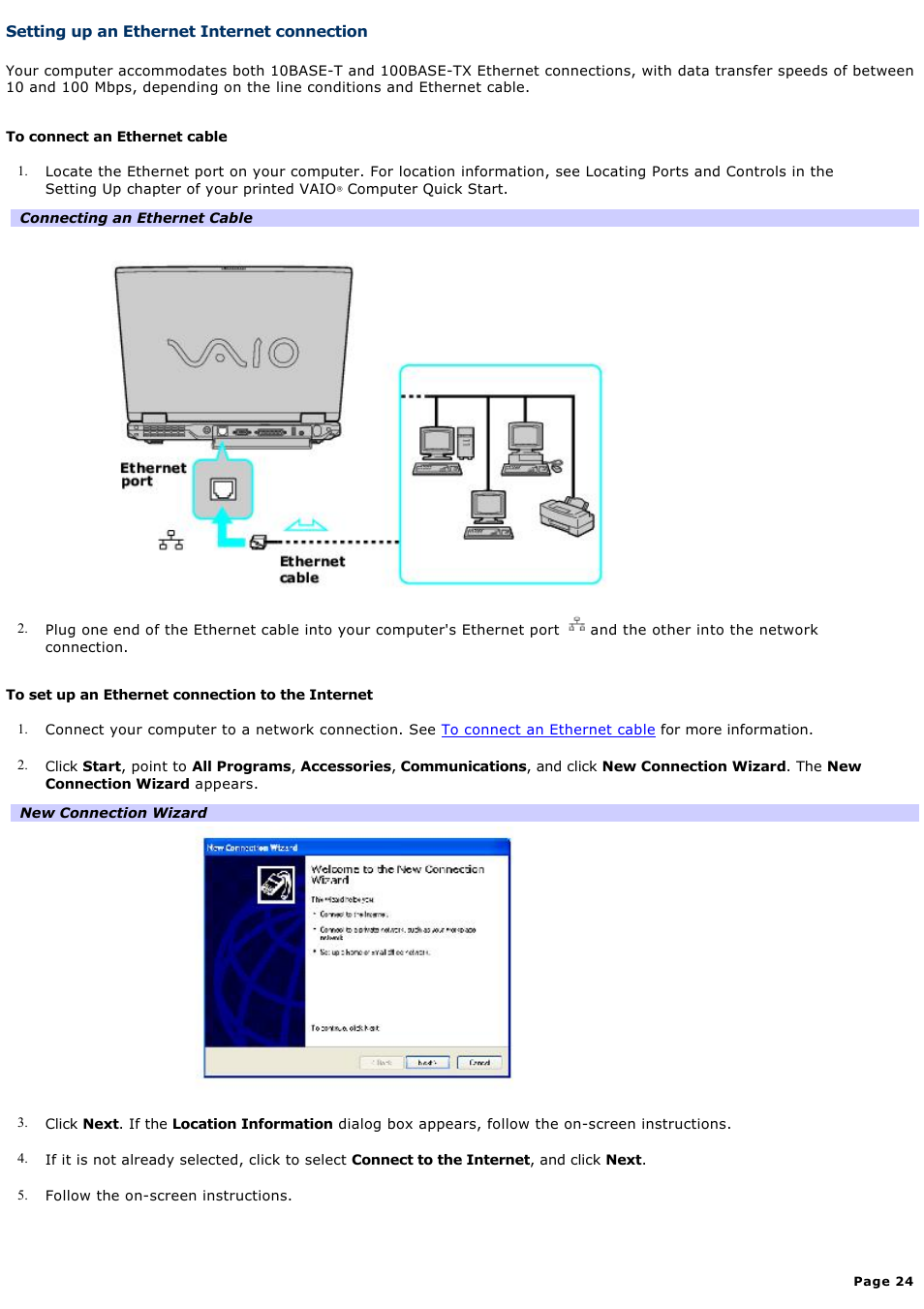 Setting up an ethernet internet connection | Sony PCG-GRX690P User Manual | Page 24 / 194