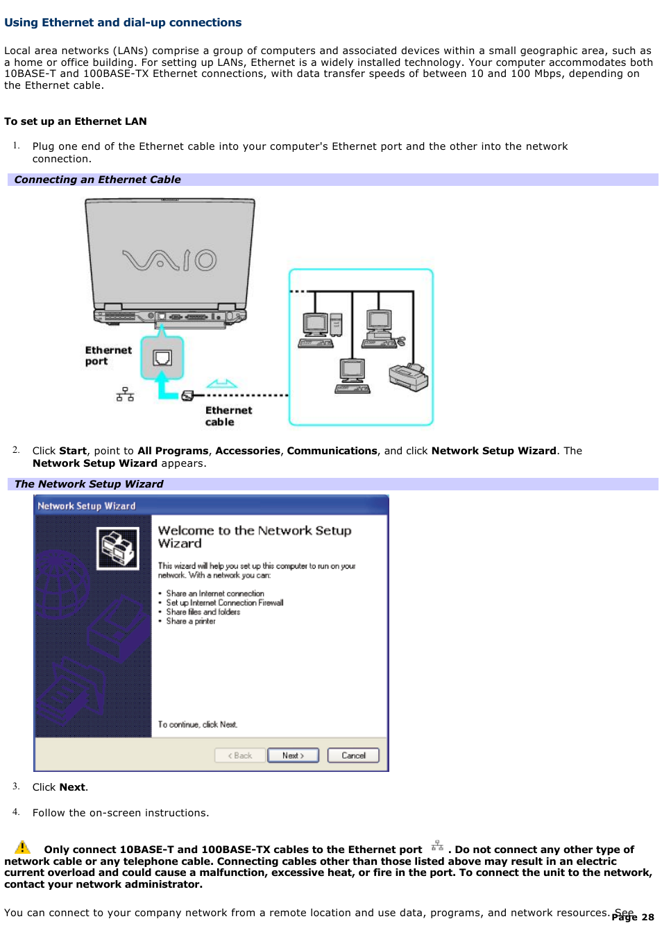 Using ethernet and dial-up connections | Sony PCG-GRX690P User Manual | Page 28 / 194